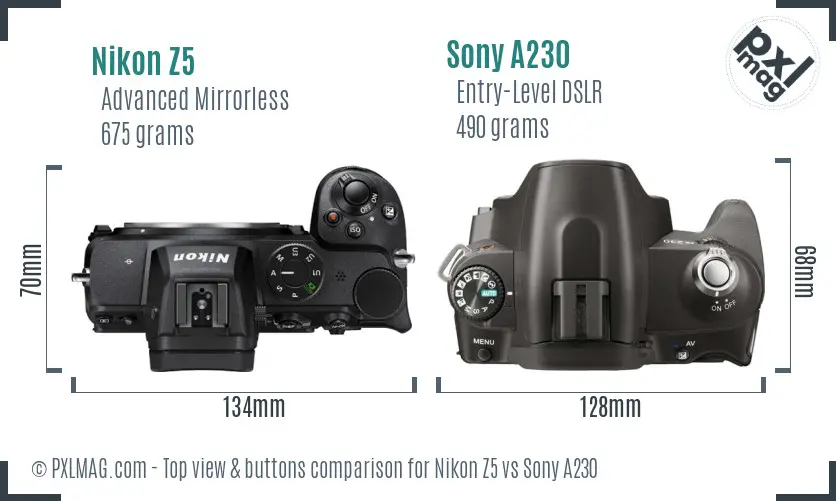 Nikon Z5 vs Sony A230 top view buttons comparison