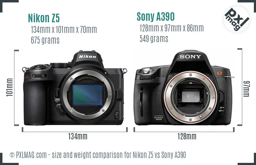 Nikon Z5 vs Sony A390 size comparison