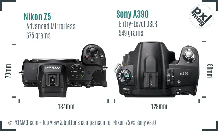 Nikon Z5 vs Sony A390 top view buttons comparison