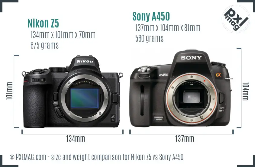 Nikon Z5 vs Sony A450 size comparison