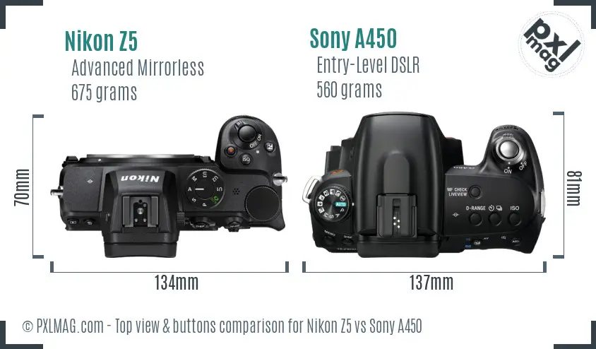 Nikon Z5 vs Sony A450 top view buttons comparison
