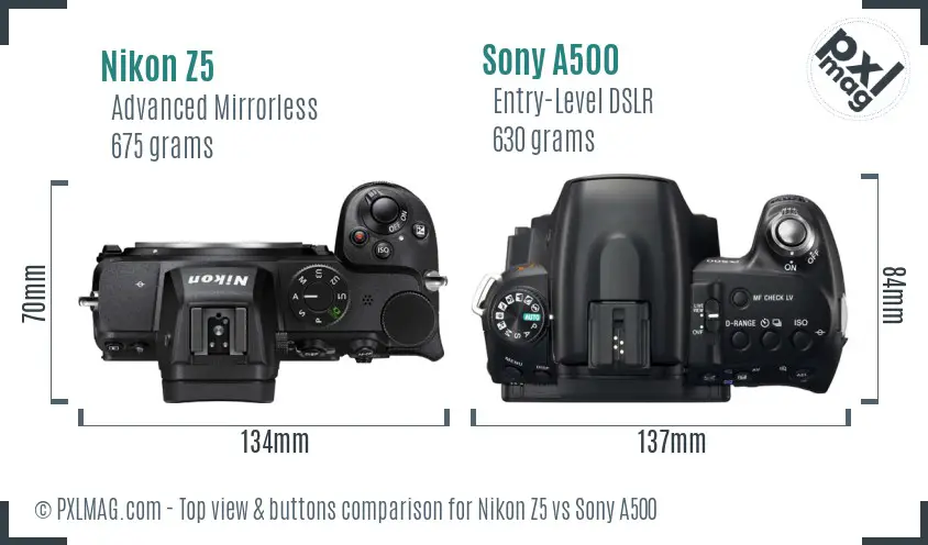 Nikon Z5 vs Sony A500 top view buttons comparison