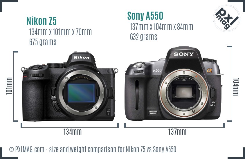 Nikon Z5 vs Sony A550 size comparison