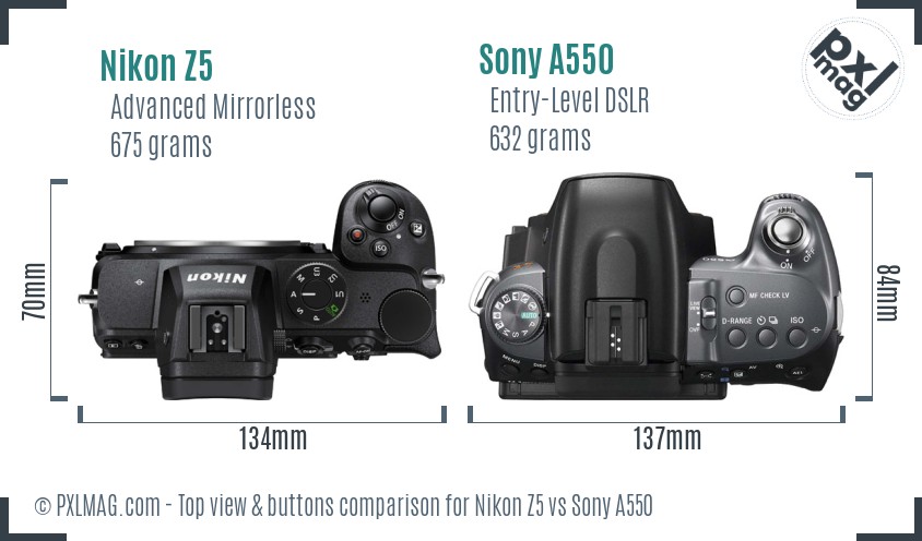 Nikon Z5 vs Sony A550 top view buttons comparison