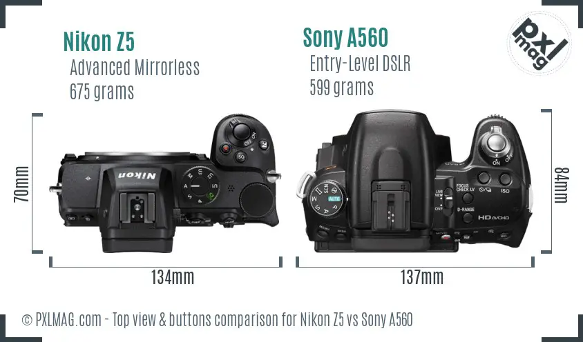 Nikon Z5 vs Sony A560 top view buttons comparison