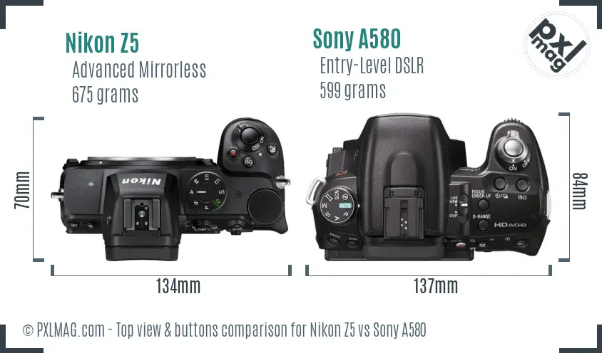 Nikon Z5 vs Sony A580 top view buttons comparison