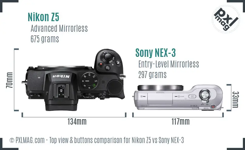 Nikon Z5 vs Sony NEX-3 top view buttons comparison