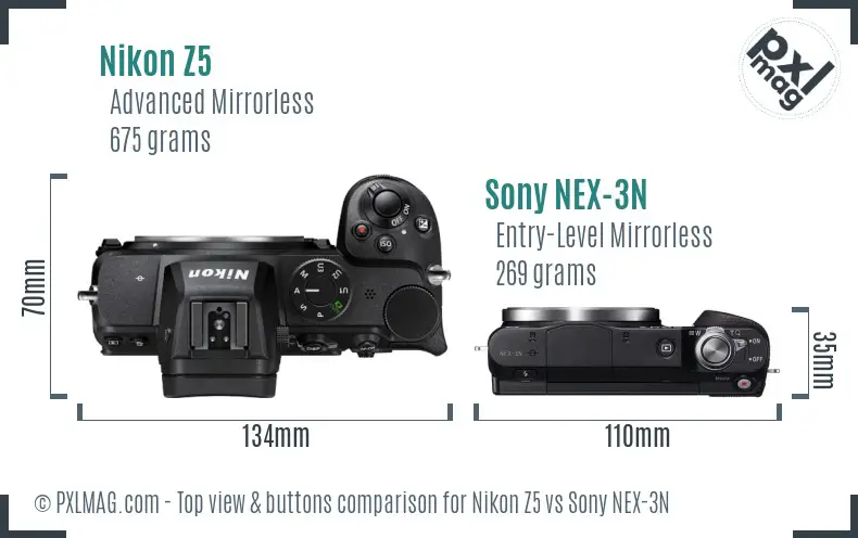 Nikon Z5 vs Sony NEX-3N top view buttons comparison