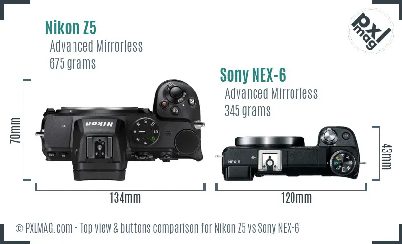 Nikon Z5 vs Sony NEX-6 top view buttons comparison