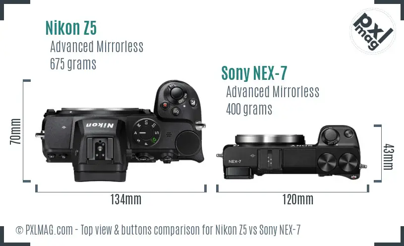 Nikon Z5 vs Sony NEX-7 top view buttons comparison