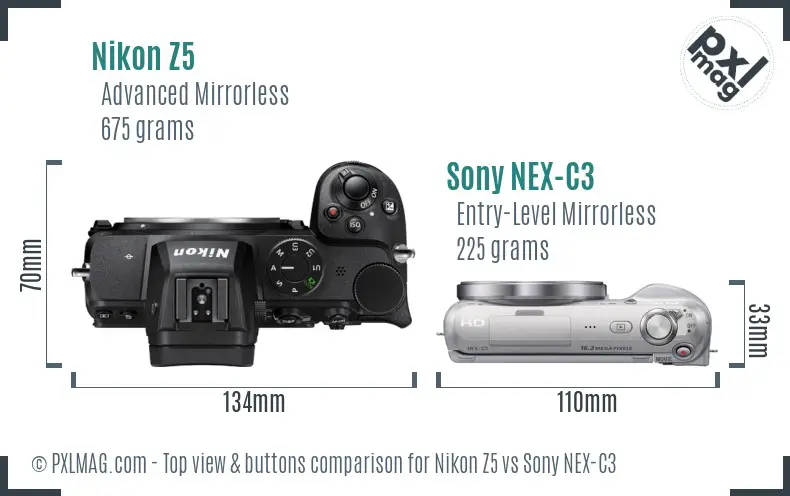 Nikon Z5 vs Sony NEX-C3 top view buttons comparison