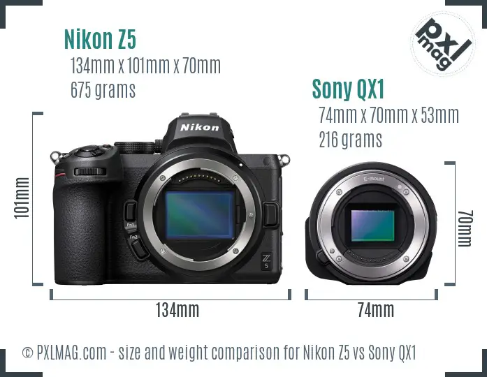 Nikon Z5 vs Sony QX1 size comparison