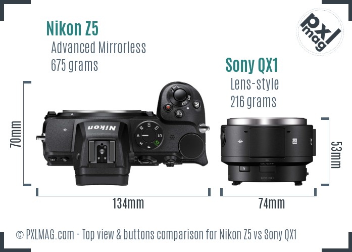 Nikon Z5 vs Sony QX1 top view buttons comparison