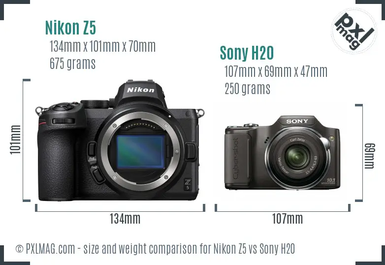Nikon Z5 vs Sony H20 size comparison