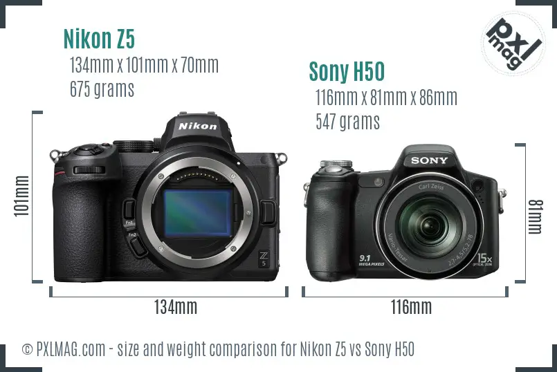 Nikon Z5 vs Sony H50 size comparison