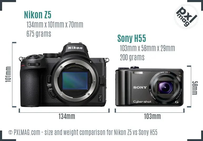 Nikon Z5 vs Sony H55 size comparison