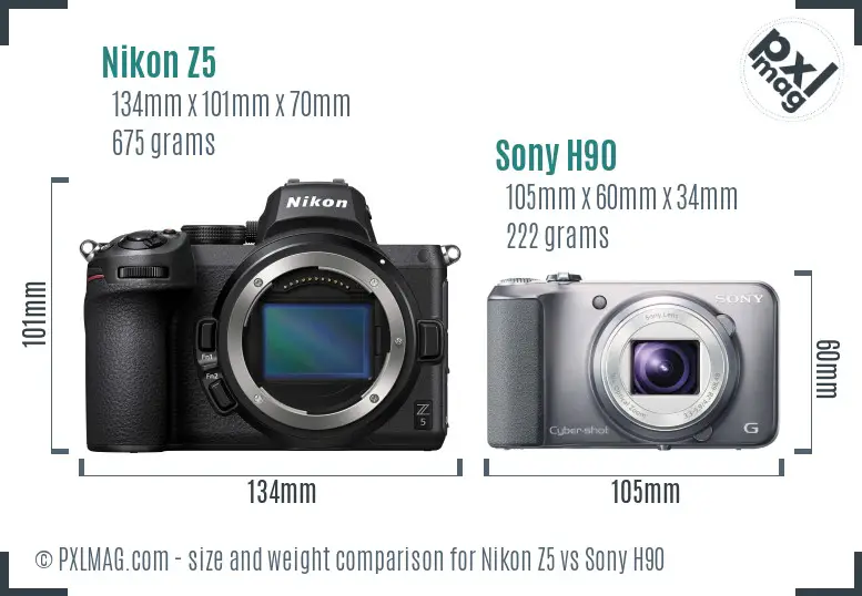 Nikon Z5 vs Sony H90 size comparison