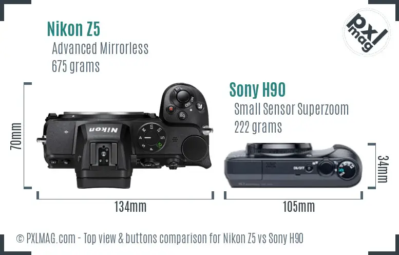 Nikon Z5 vs Sony H90 top view buttons comparison