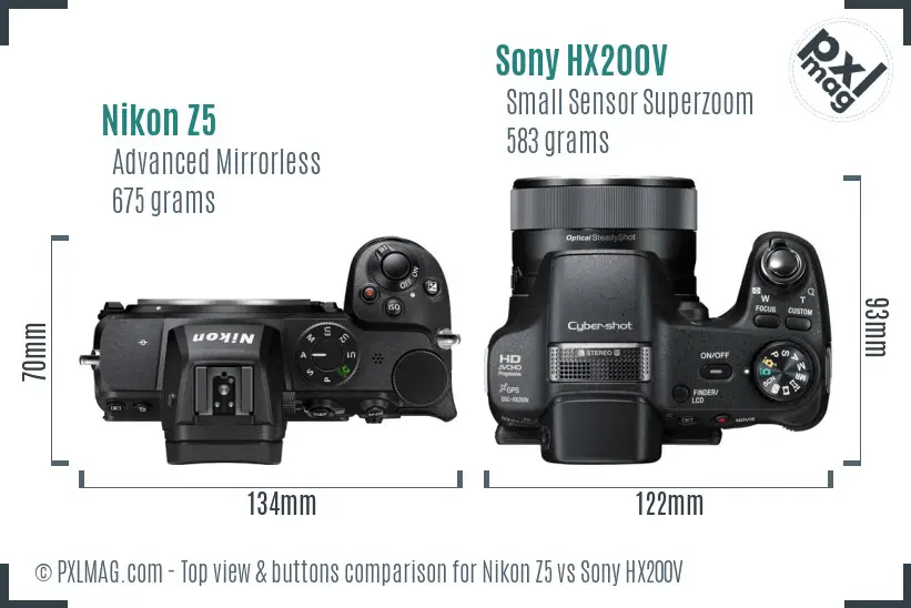 Nikon Z5 vs Sony HX200V top view buttons comparison