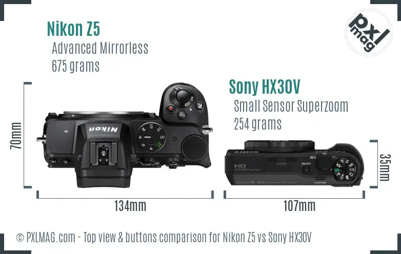 Nikon Z5 vs Sony HX30V top view buttons comparison