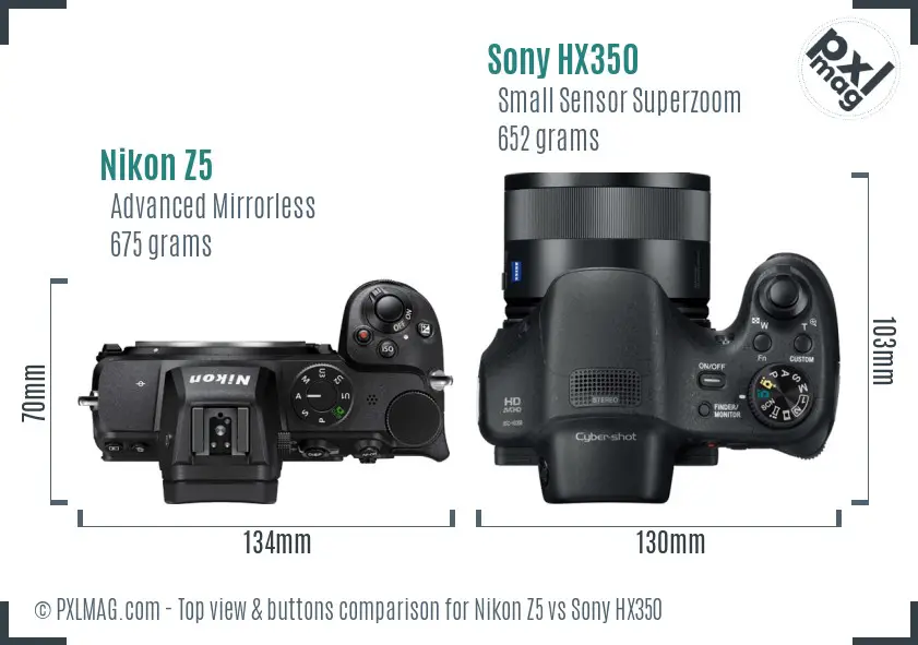 Nikon Z5 vs Sony HX350 top view buttons comparison