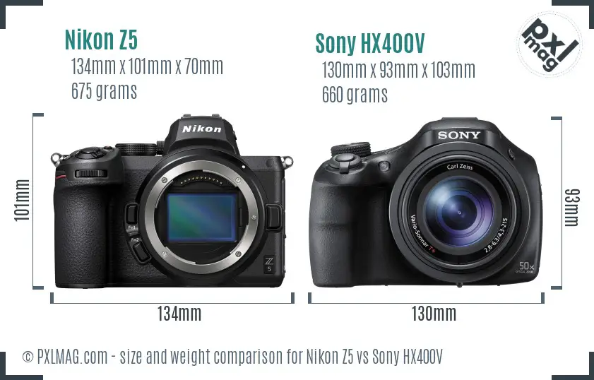 Nikon Z5 vs Sony HX400V size comparison