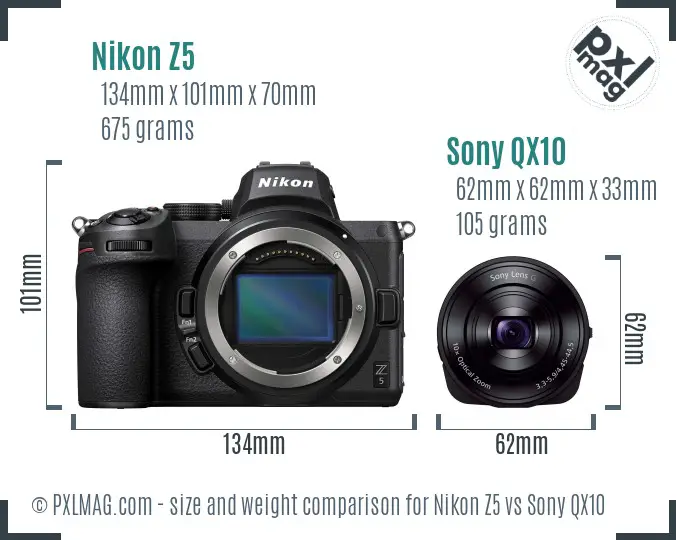 Nikon Z5 vs Sony QX10 size comparison