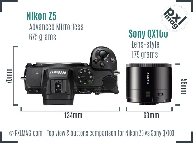 Nikon Z5 vs Sony QX100 top view buttons comparison