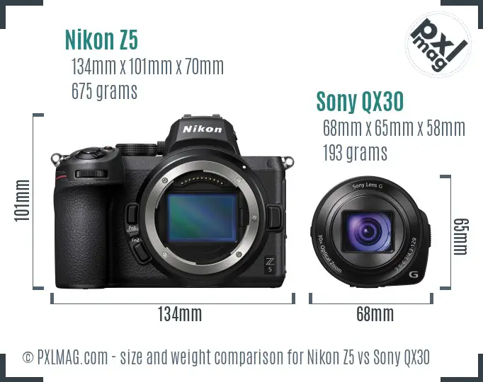 Nikon Z5 vs Sony QX30 size comparison
