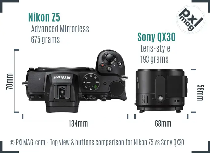 Nikon Z5 vs Sony QX30 top view buttons comparison