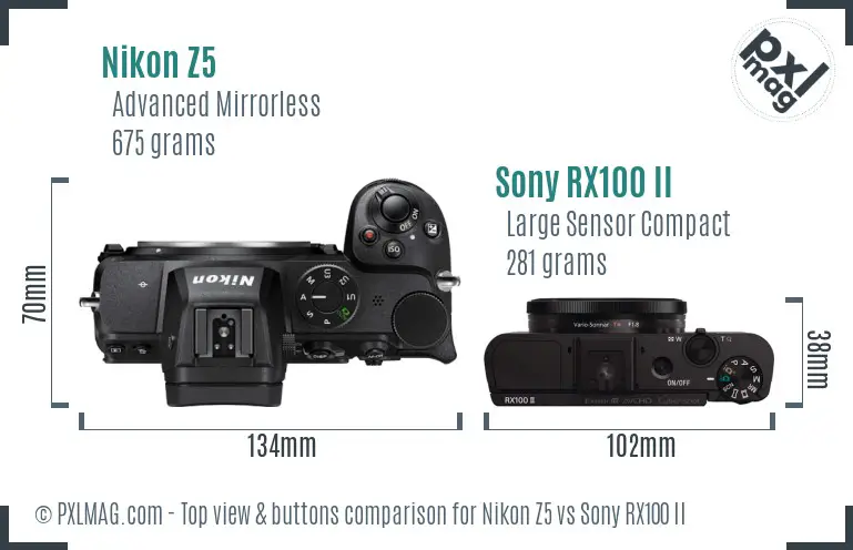 Nikon Z5 vs Sony RX100 II top view buttons comparison