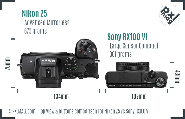 Nikon Z5 vs Sony RX100 VI top view buttons comparison