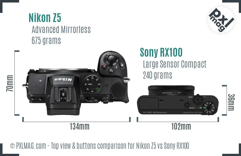 Nikon Z5 vs Sony RX100 top view buttons comparison