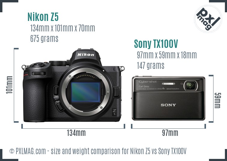 Nikon Z5 vs Sony TX100V size comparison