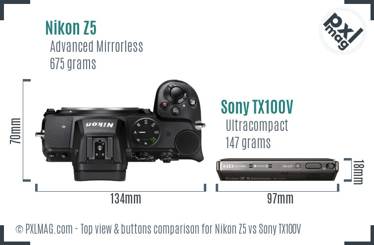 Nikon Z5 vs Sony TX100V top view buttons comparison