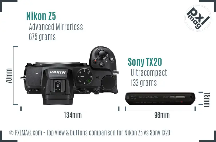 Nikon Z5 vs Sony TX20 top view buttons comparison Nikon Z5 vs Sony TX20 top view buttons comparison