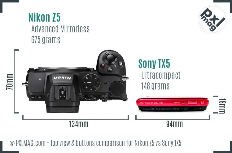 Nikon Z5 vs Sony TX5 top view buttons comparison Nikon Z5 vs Sony TX5 top view buttons comparison