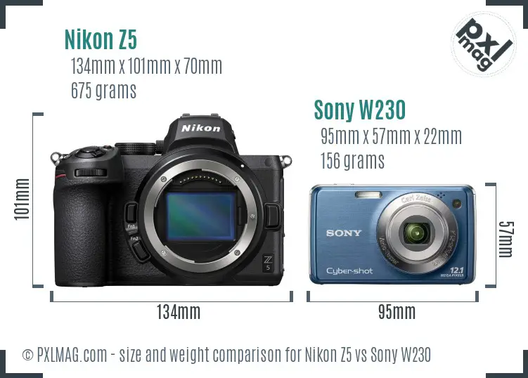 Nikon Z5 vs Sony W230 size comparison