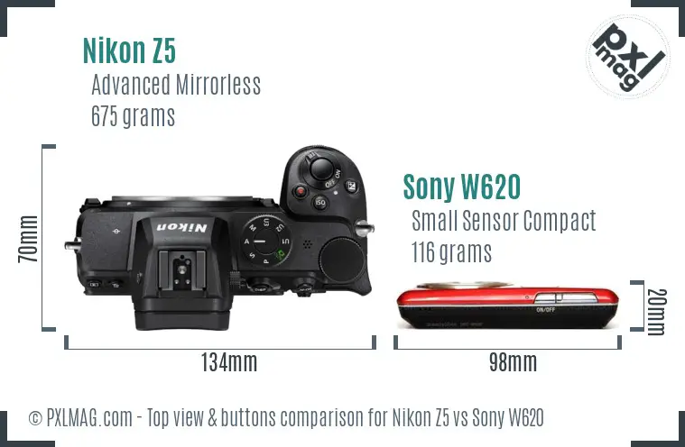 Nikon Z5 vs Sony W620 top view buttons comparison