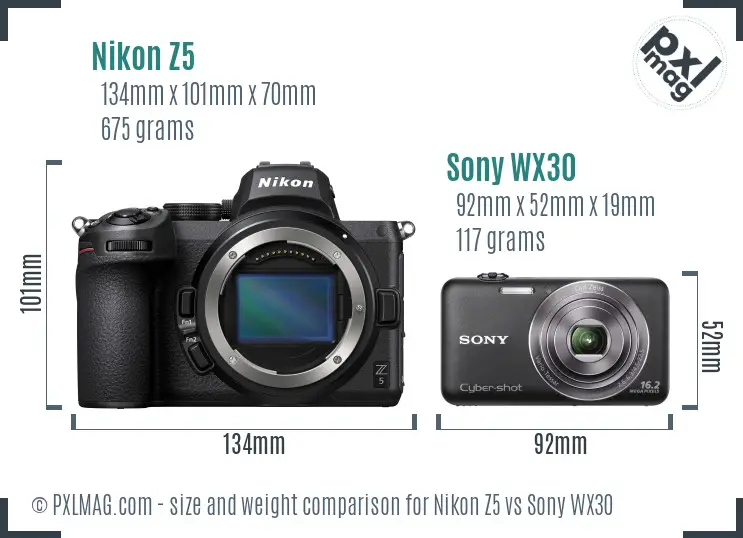 Nikon Z5 vs Sony WX30 size comparison