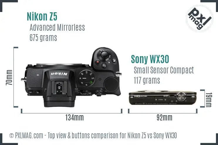 Nikon Z5 vs Sony WX30 top view buttons comparison