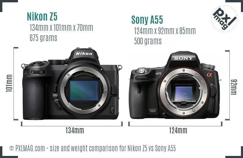 Nikon Z5 vs Sony A55 size comparison