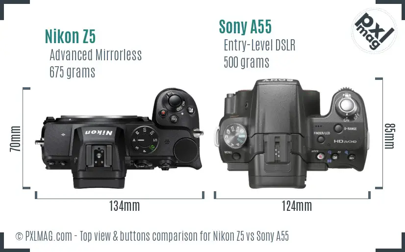 Nikon Z5 vs Sony A55 top view buttons comparison