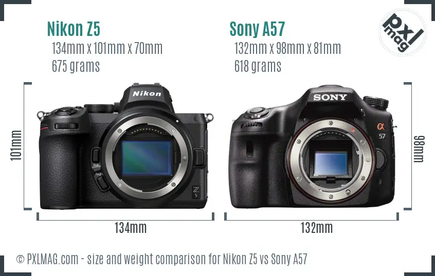 Nikon Z5 vs Sony A57 size comparison