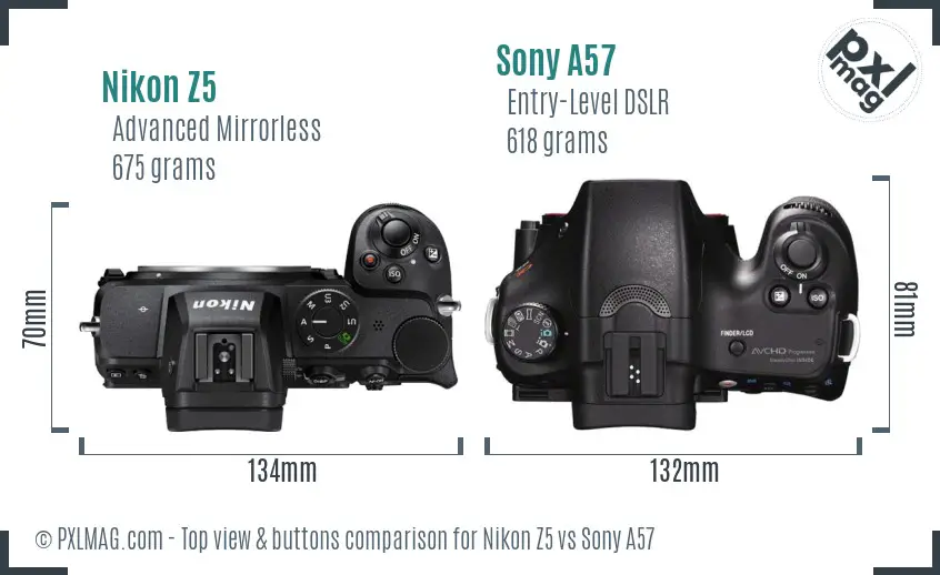 Nikon Z5 vs Sony A57 top view buttons comparison