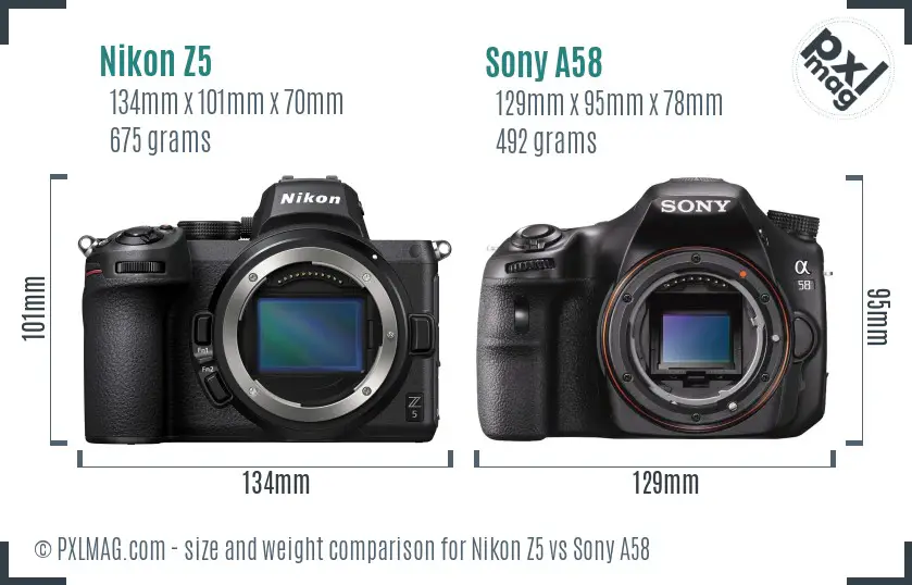 Nikon Z5 vs Sony A58 size comparison