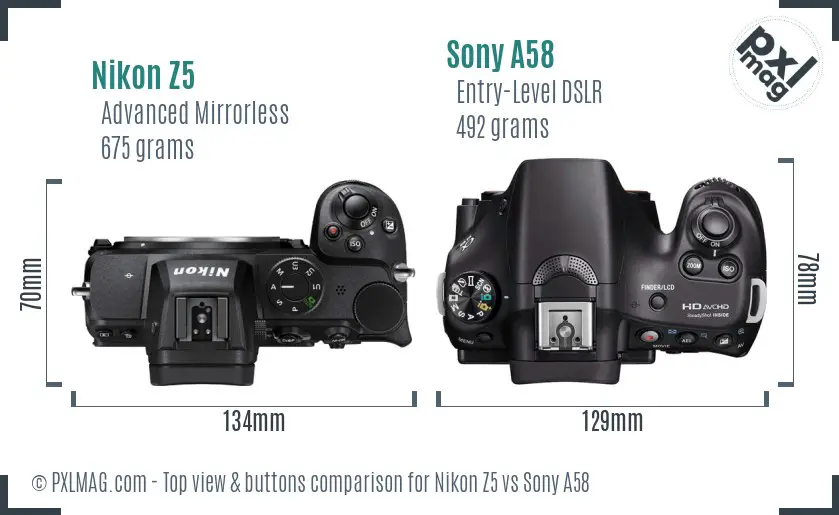 Nikon Z5 vs Sony A58 top view buttons comparison