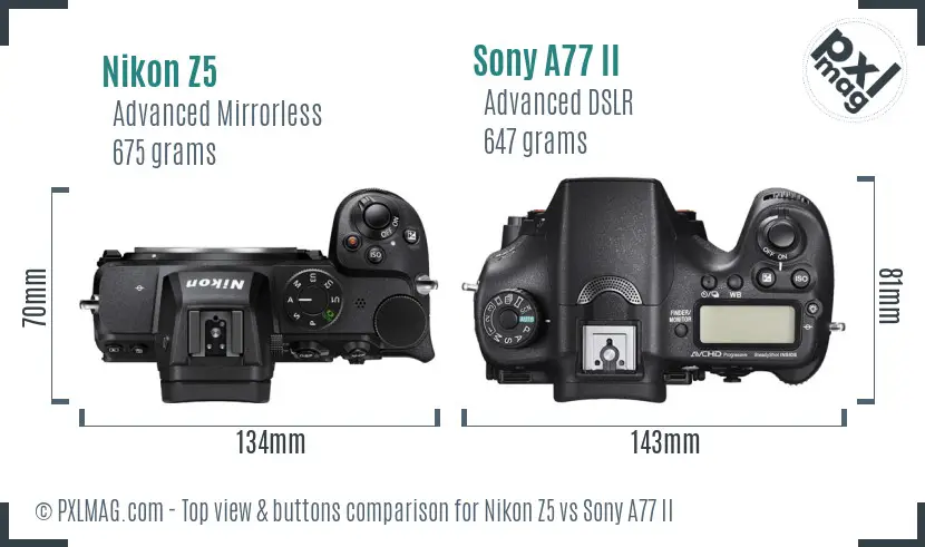 Nikon Z5 vs Sony A77 II top view buttons comparison