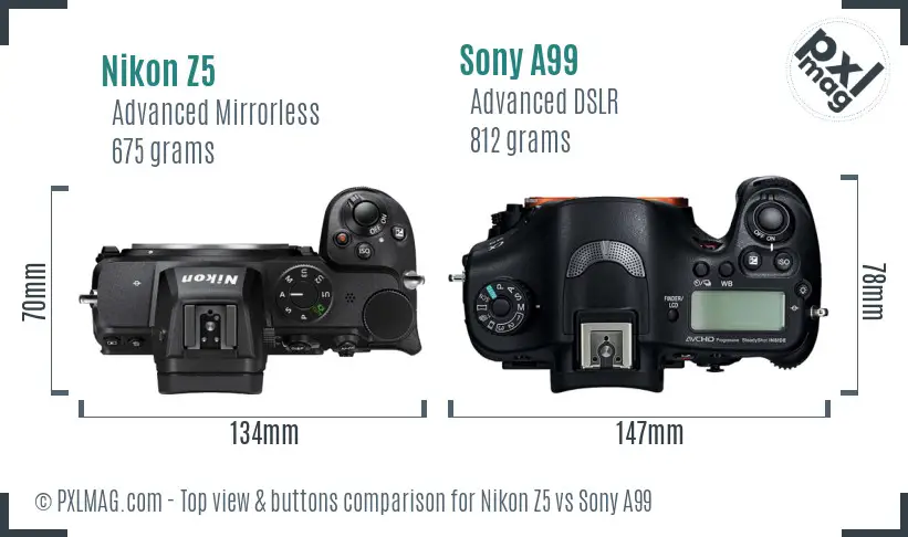 Nikon Z5 vs Sony A99 top view buttons comparison Nikon Z5 vs Sony A99 top view buttons comparison