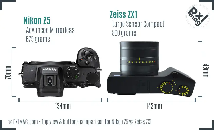 Nikon Z5 vs Zeiss ZX1 top view buttons comparison